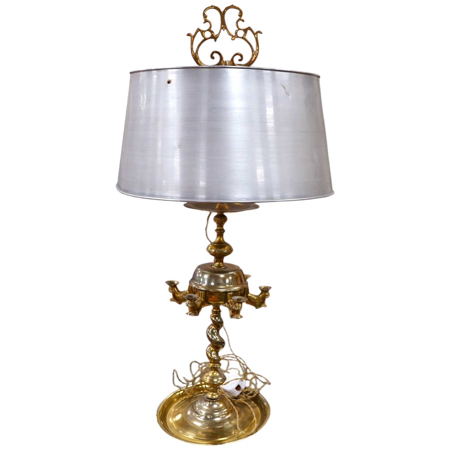 A 19th century style brass two light table lamp with metal shade, 83cm high. Condition - fair